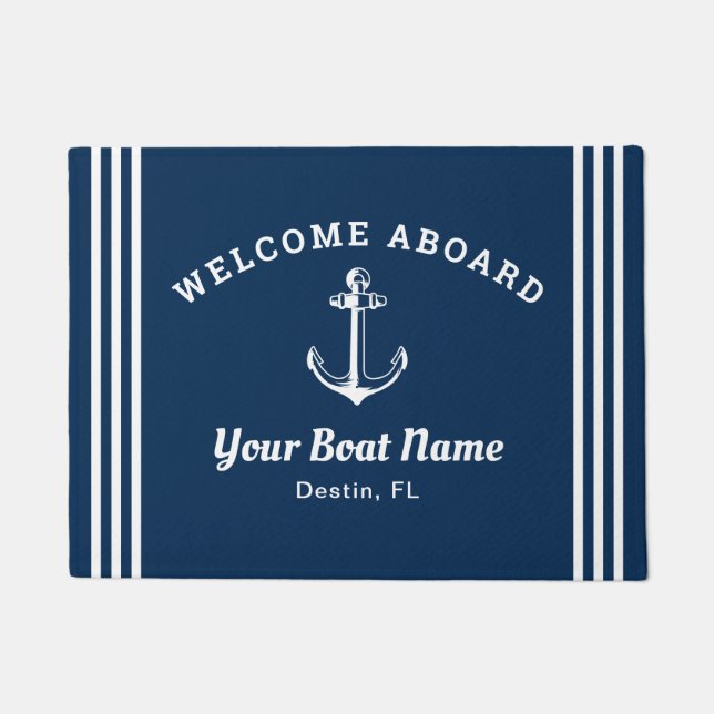 Paillasson Nautical Navy Blue Welcome Aboard Boat Name Anchor (Devant)