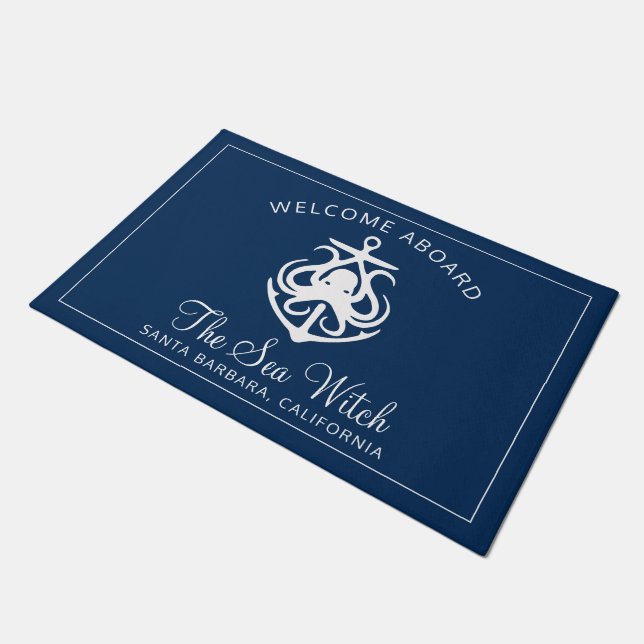 Paillasson Nautical Navy Blue Welcome Aboard Nom du bateau (Incliné)