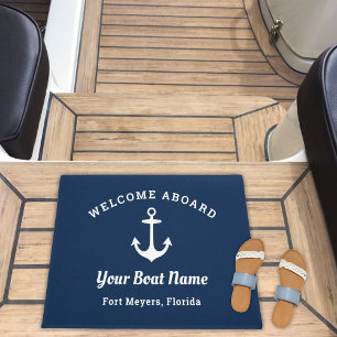 Paillasson Nautical Navy Blue Welcome Aboard Nom du bateau An