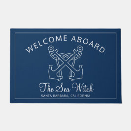 Paillasson Nautical Navy Blue Welcome Aboard Nom du bateau An