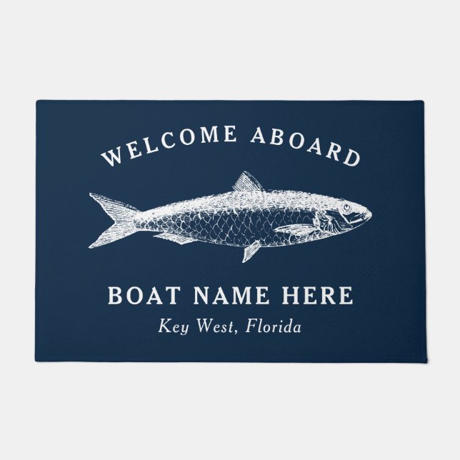Paillasson Nautical Navy Blue Welcome Aboard Nom du bateau Po (Devant)
