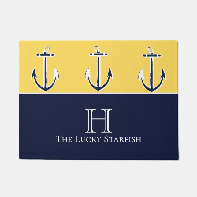 Paillasson Nautical Navy Mustard Yellow Ancre maison de plage (Devant)