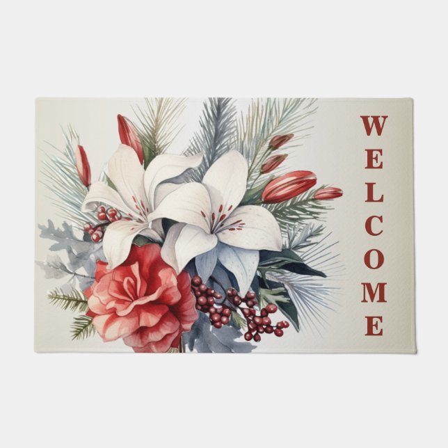 Paillasson Noël Blanc Fleurs Rouges Vacances Élégant (Devant)