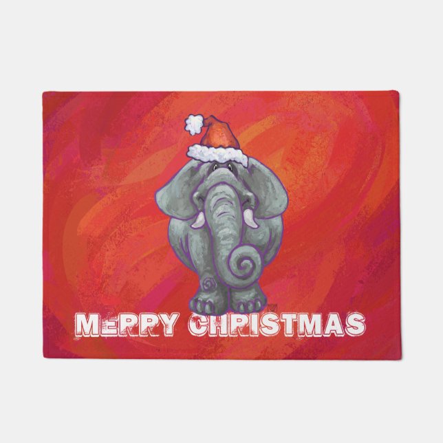 Paillasson Noël d'éléphant sur le rouge (Devant)
