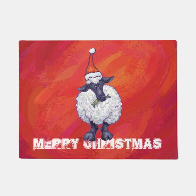 Paillasson Noël des moutons sur rouge (Devant)
