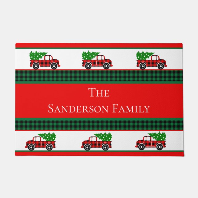 Paillasson Noël Rouge Camion Chef Green Buffalo Plaid (Devant)