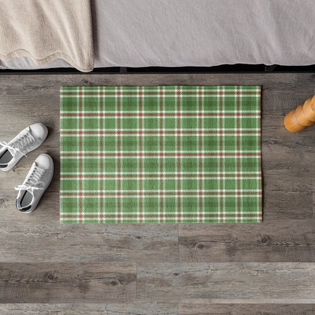 Paillasson Noël Russe Green Holiday Plaid Farmhouse (Simple green and red classic holiday plaid pattern doormat)