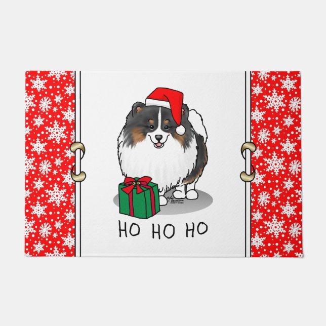 Paillasson Noël Santa Hat Pomeranian (tri-couleur) mignonne (Devant)