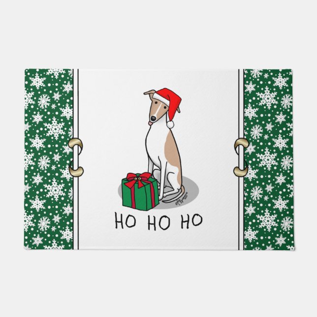 Paillasson Noël Santa Hat Whippet Chien Faune et blanc mignet (Devant)
