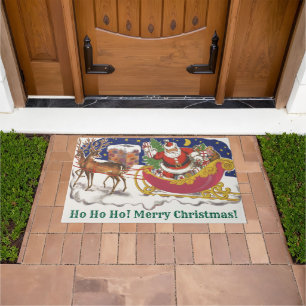 Paillasson Noël Vintage, Jolly Santa Claus avec Sleigh