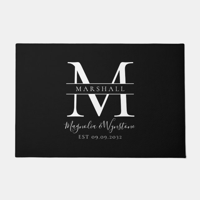 Paillasson Noir Blanc Élégant Monogramme Nouveaux mariés (Devant)
