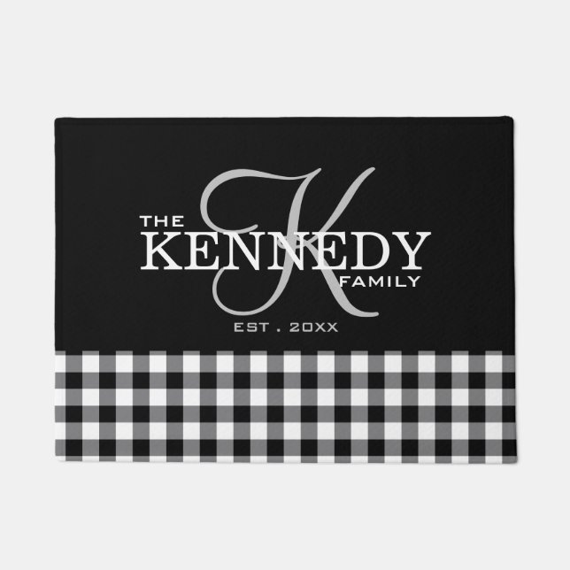 Paillasson Noir Buffalo Plaid Nom de famille Monogramme (Devant)