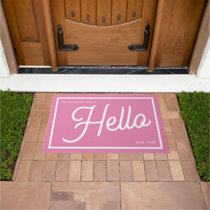 Paillasson Nom de famille moderne Hello Rose Blanc Script