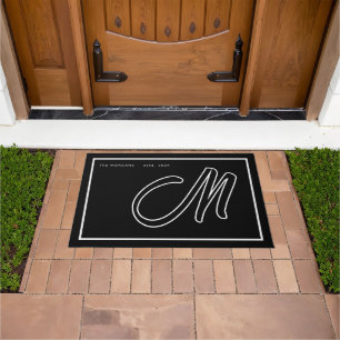 Paillasson Nom de famille Monogramme Moderne Noir Blanc Scrip
