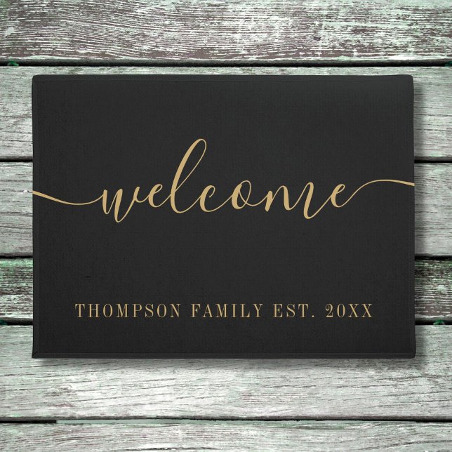Paillasson Nom de famille personnalisé Gold Black Welcome (Créateur téléchargé)