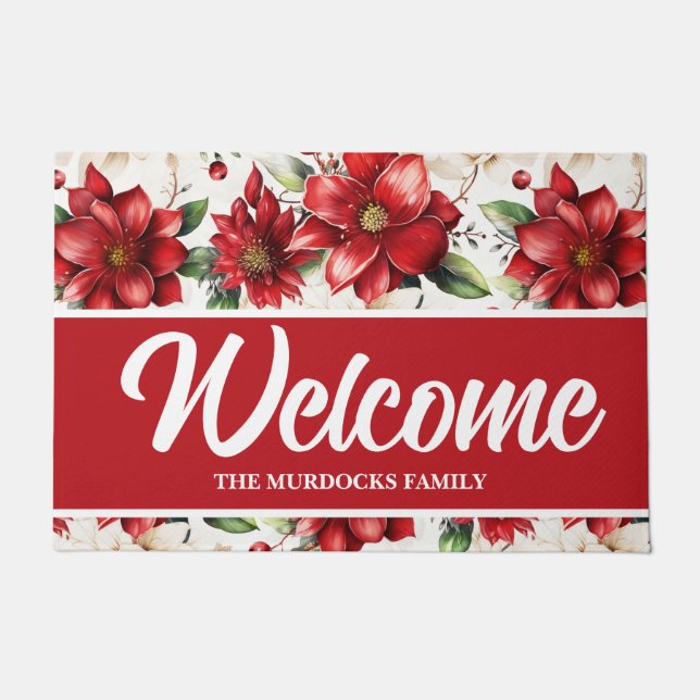 Paillasson Nom de famille personnalisé Monogramme Rouge Flora (Devant)