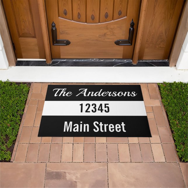 Paillasson Nom de famille Script Street Adresse Noir et Blanc (De plein air)