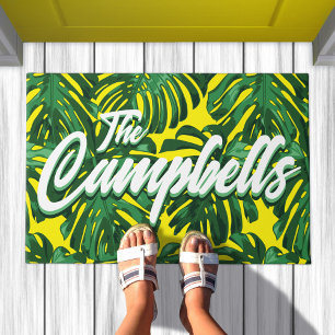 Paillasson Nom de famille tropicale Monstère jaune vert Feuil