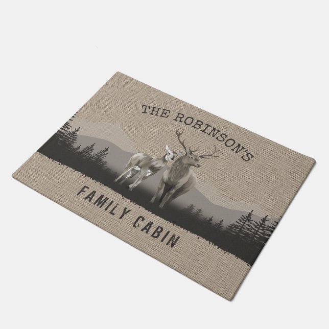 Paillasson Nom de la famille Cabine Deer Pine Tree Forest Bur (Incliné)