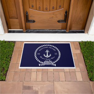 Paillasson Nom du bateau nautique Ancre Dark Navy Blue Welcom