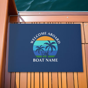 Paillasson Nom du bateau Sun Palm Trees Bienvenue à bord Bleu
