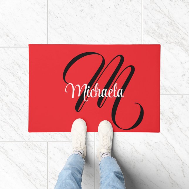 Paillasson Nom initial minimaliste moderne monogramme rouge (Intérieur)