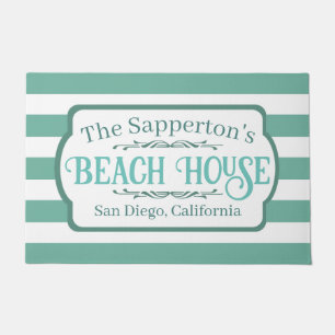 Paillasson Nom personnalisé Beach House Turquoises bandes