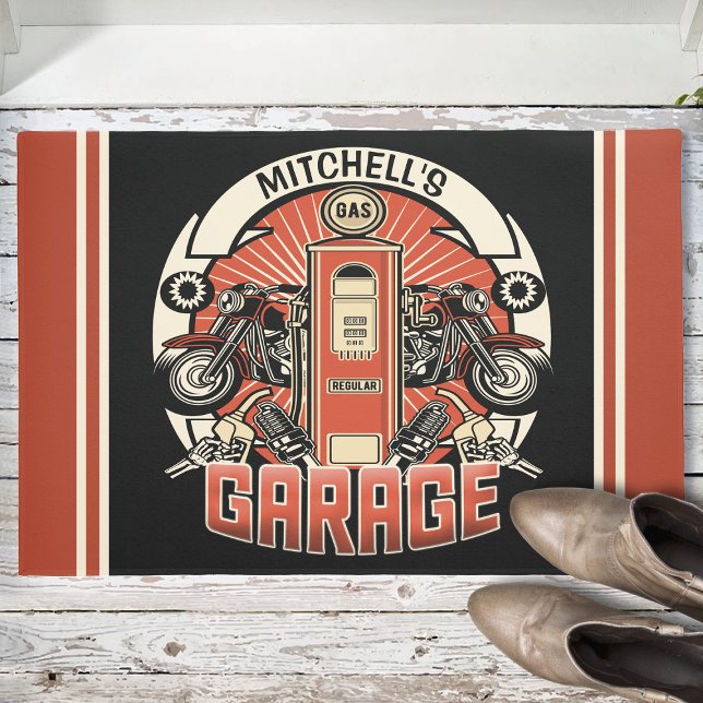 Paillasson Nom personnalisé Garage moto moto pompe à gaz rétr (Créateur téléchargé)