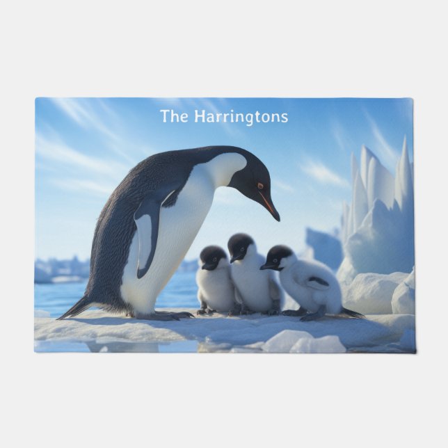 Paillasson Nom personnalisé Pingouins mignons (Devant)