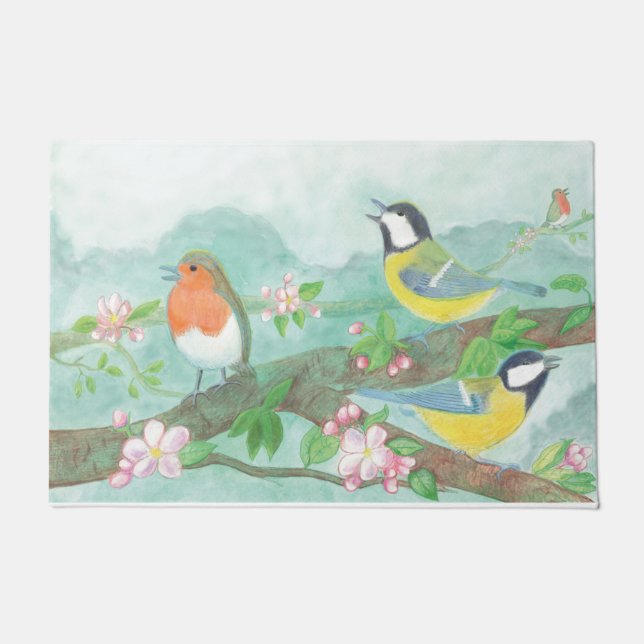 Paillasson Oiseaux chantant sur une branche d'arbre en fleurs (Devant)