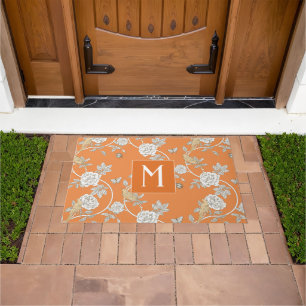 Paillasson Orange Chinoiserie Fleurs Monogramme