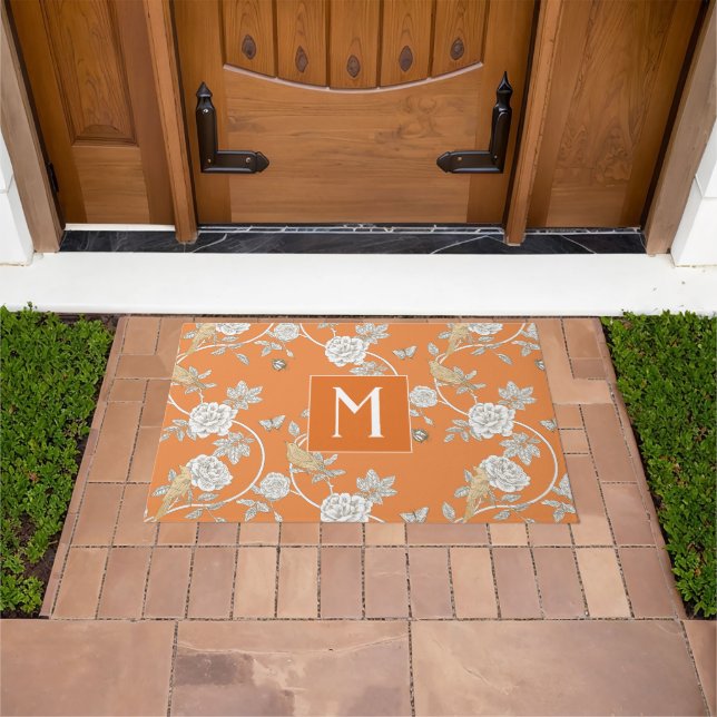Paillasson Orange Chinoiserie Fleurs Monogramme (De plein air)