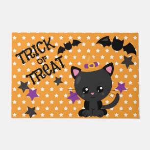 PAILLASSON ORANGE & ÉTOILES BLANCHES AVEC CHAT ET BATS NOIRS