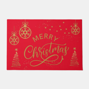 Paillasson Ornements dorés et arbres Noël luxe rouge