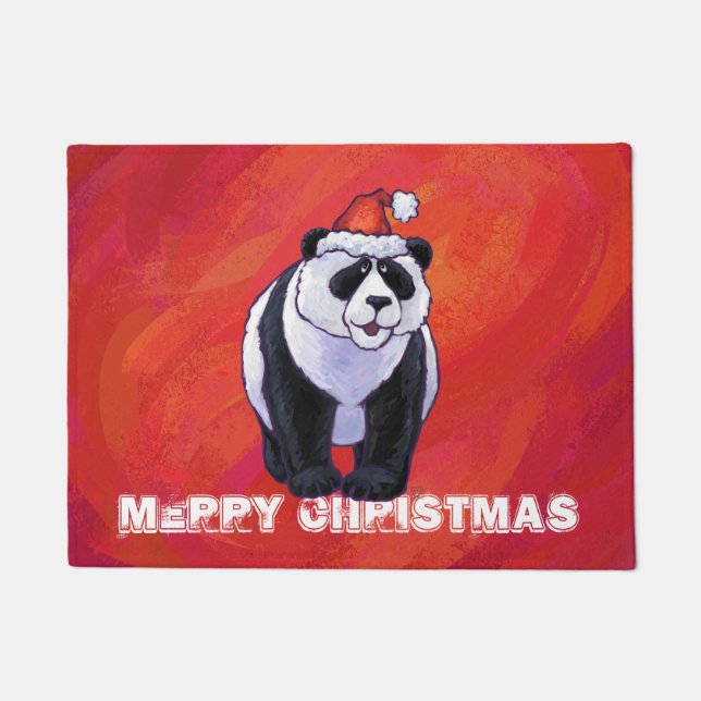 Paillasson Ours de panda à Santa Hat sur Rouge (Devant)
