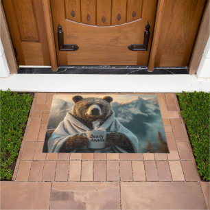 Paillasson Ours en robe tenant une tasse de café