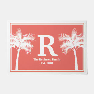 Paillasson Palmiers blancs tropicaux et nom de famille rose