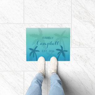 Paillasson Palmiers Tropicaux Turquoise Avec Nom De Famille