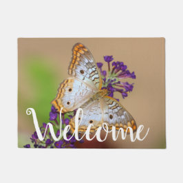 Paillasson Papillon Peacock blanc sur Fleurs violettes