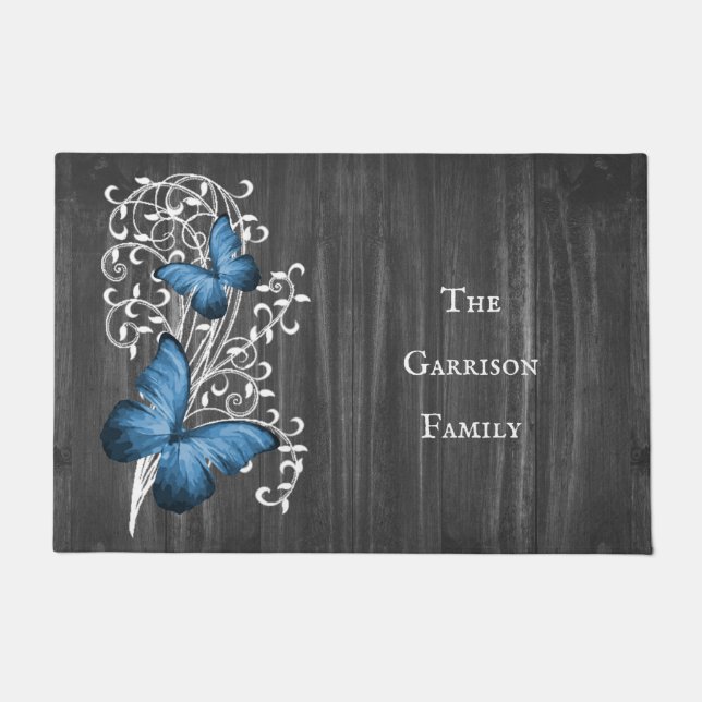 Paillasson Papillon Rustique bleu mat de porte personnalisée (Devant)