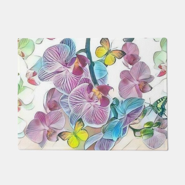 Paillasson Papillons aux fleurs d'orchidées roses aquarelle (Devant)