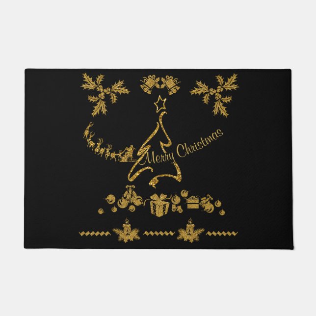 Paillasson Parties scintillant d'or Joyeux Noël, Père Noël (Devant)