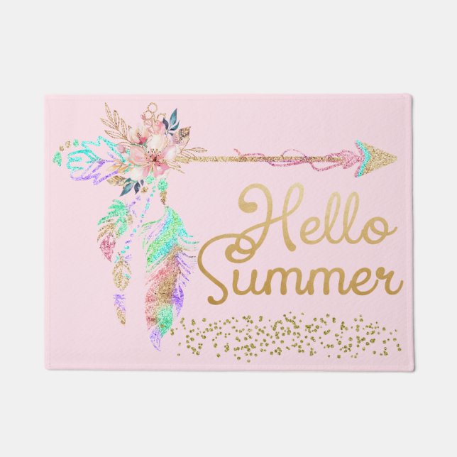 Paillasson Parties scintillant en or rose pâle Boho Feather B (Devant)