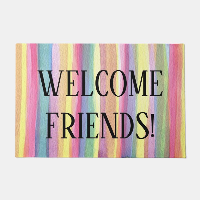 Paillasson Pastel Rainbow Stripes Bienvenue Amis Porte Mat (Devant)