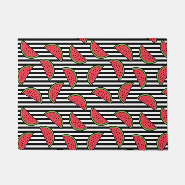 Paillasson Pastèque sur le motif noir et blanc de rayures (Devant)