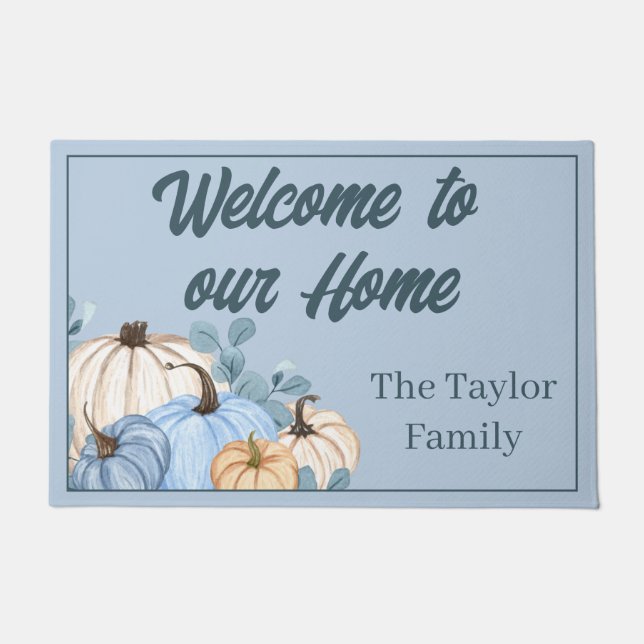 Paillasson Patch de Citrouille bleu d'aquarelle Thanksgiving (Devant)