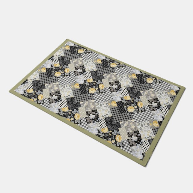 Paillasson Patchwork Motif avec rayures et roses jaunes (Incliné)
