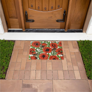 Paillasson Pavot rouge et brindilles, feuilles verts sur blan