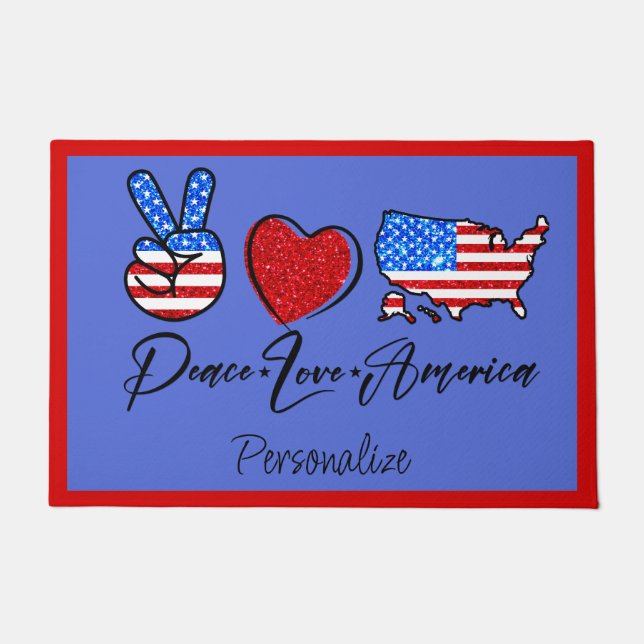 Paillasson Peace Love America Citation Drapeau Coeur Paix Sig (Devant)