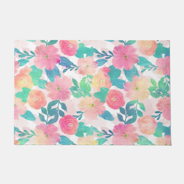 Paillasson Peinture à main rose bleu florale Fille Design (Devant)